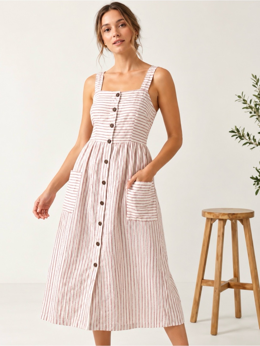 Artisan NY Women’s 100% Linen Striped Button Front Midi Dress Size 2